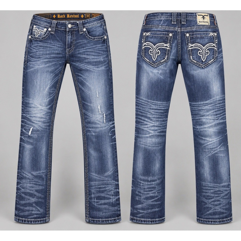 Rock Revival jeans mens 36/30 Tigerlily Straight  Fleur-de-Lis Embroidered Denim